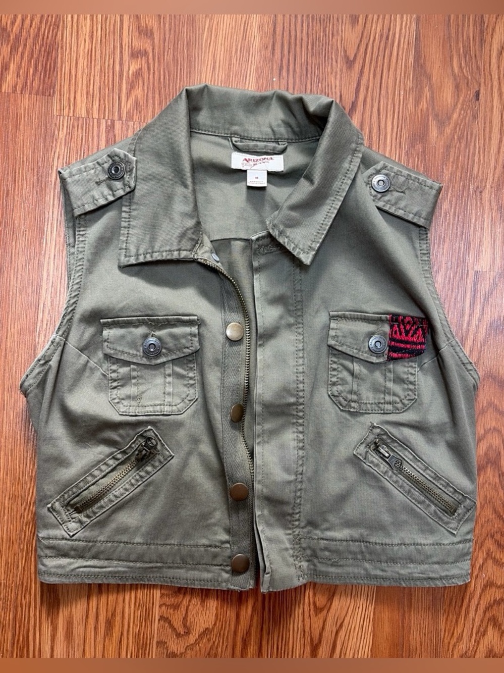 Arizona Jean Company Olive Green Utility Vest with Red Patch. Juniors M.